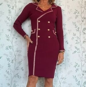 Burgundy tuxedo dress size Large Body con Vintage style stretch gold buttons
